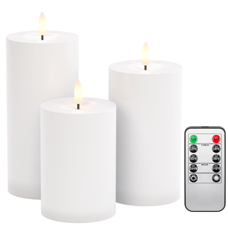 LED Kerzen 3er Set mit Fernbedienung / elektrische Outdoor Kerzenlichter / realistisch flackernde Flamme / LED Deko / Timerfunktion / Flammenlose LED Kerzen / Batteriebetrieben / weiß
