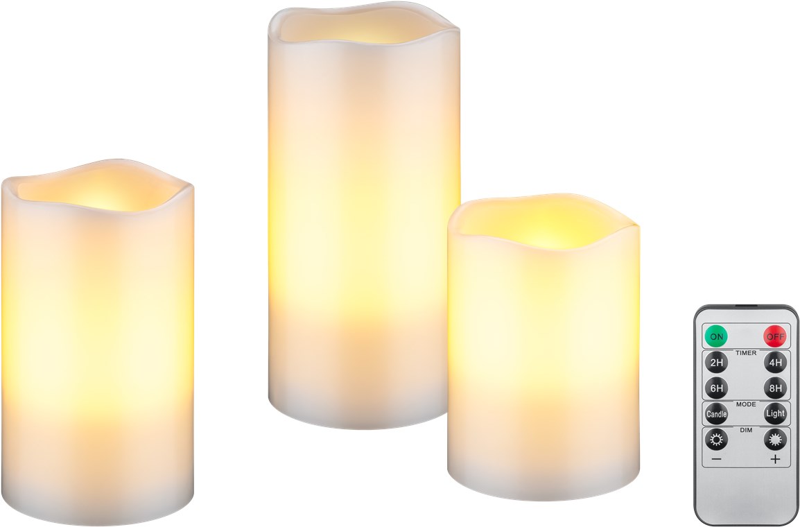 flammenlose Echtwachs LED-Kerzen 3er-Set mit realistischen Flammen, mit 10-Tasten Fernbedienung mit 2/4/6/8- Stunden Timer