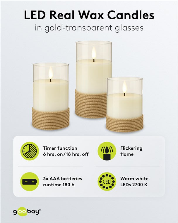 3er-Set LED-Kerzen im Glas, Weiß, mit Timerfunktion und 3D-Docht - im Hanf umwickelten Glas LED Kerzen für Stilvolle Dekoration, Batteriebetrieben