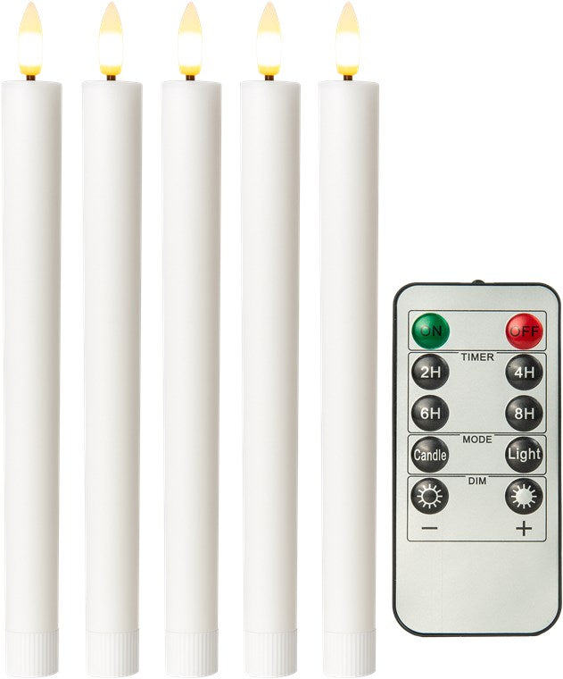 5er-Set LED-Stabkerzen aus Echtwachs, weiß – inkl. Fernbedienung, Timerfunktion & flackernder 3D-Flamme, batteriebetrieben, dimmbar, warmweiß (2400 K) - elektrische Kerzen, sicher & dekorativ