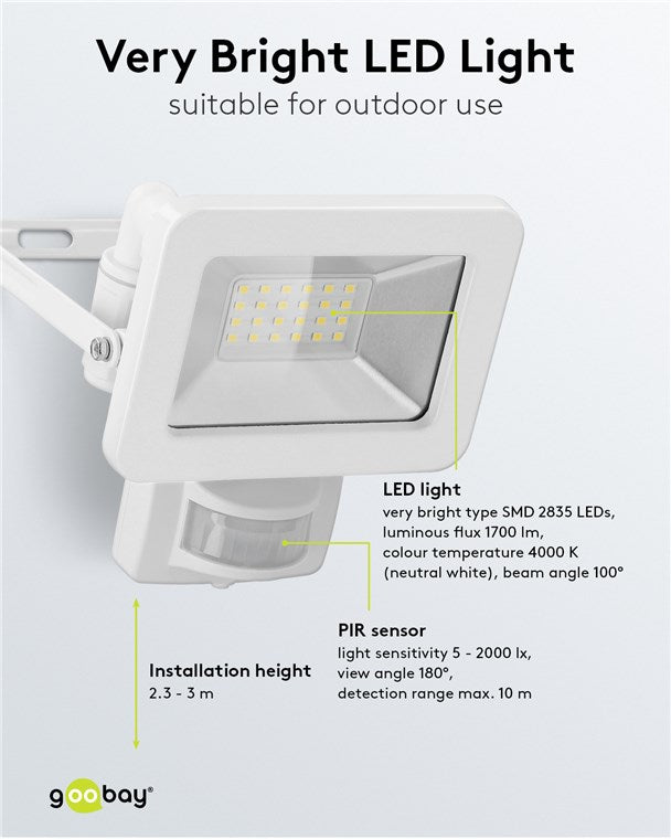 LED Strahler Bewegungsmelder Außen 20W / PIR Sensor Außenstrahler IP44 / Neutralweißes Licht 1700 lm / LED Scheinwerfer Fluter Wandmontage / Gartenstrahler / Weiß