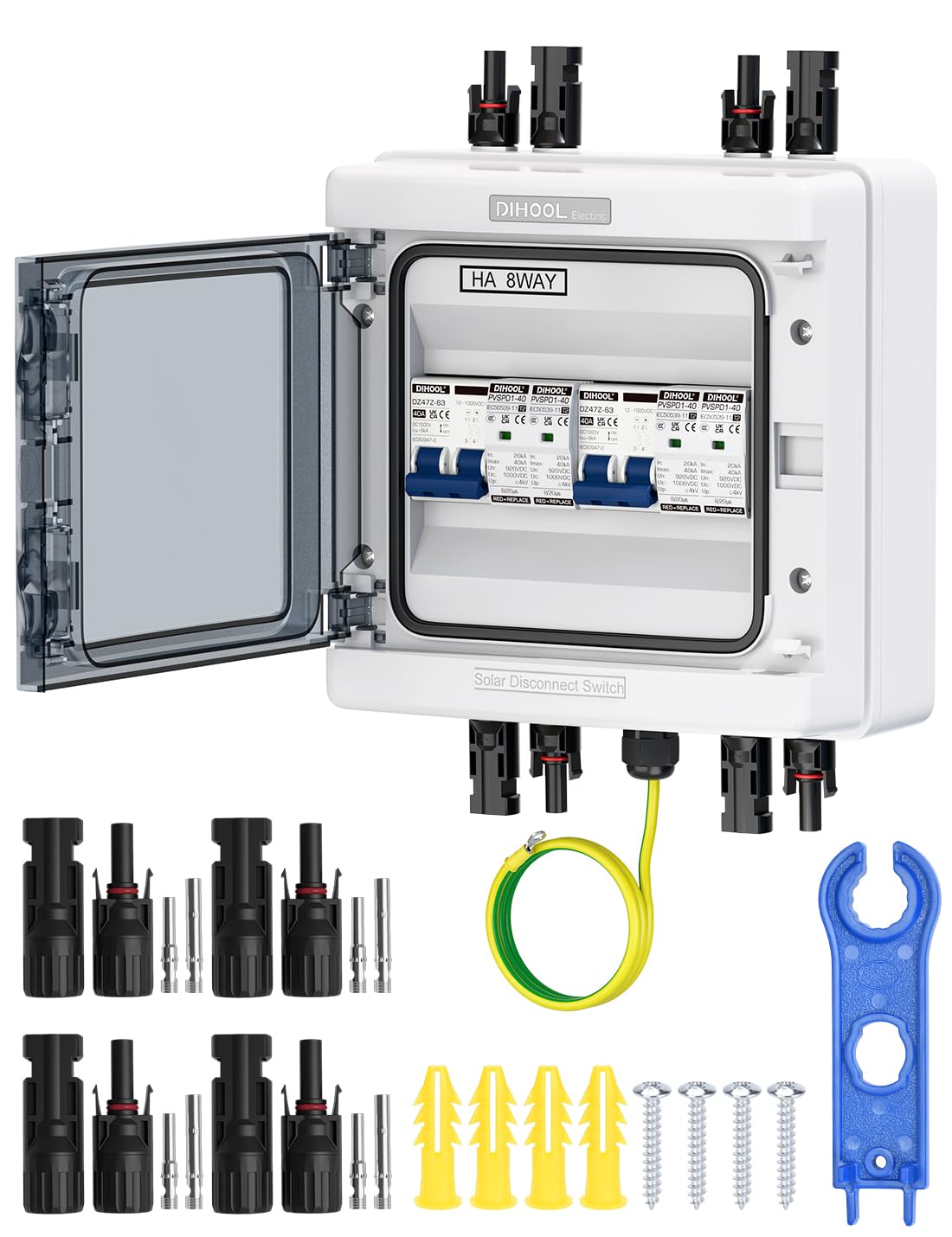 DC Überspannungsschutz PV Anlage 2 Strings Solar Anschlusskasten für 2 * 600W Solarmodule Balkonkraftwerk, DC Trennschalter 40A 1000V