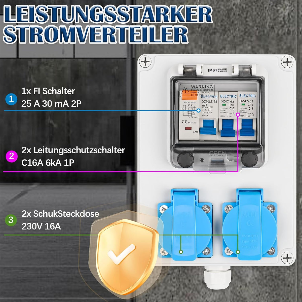 Baustromverteiler Vorverkabelt Stromverteiler, 2x 230V Schuko Steckdosen, Wandverteiler mit 1x FI-Schalter 25A + 2x LS Schalter 16A 1P, IP67 Wasserdicht Gehäuse für Innen und Außen