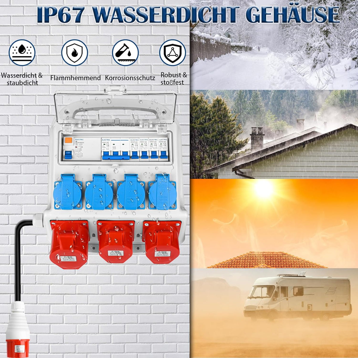 Wandverteiler Vorverkabelt Stromverteiler, 4x 230V Schuko Steckdosen + 2x CEE 16A + 1x CEE 32A, Baustromverteiler mit FI-Schalter und LS Schalter, IP67 Wasserdicht Gehäuse für Innen und Außen