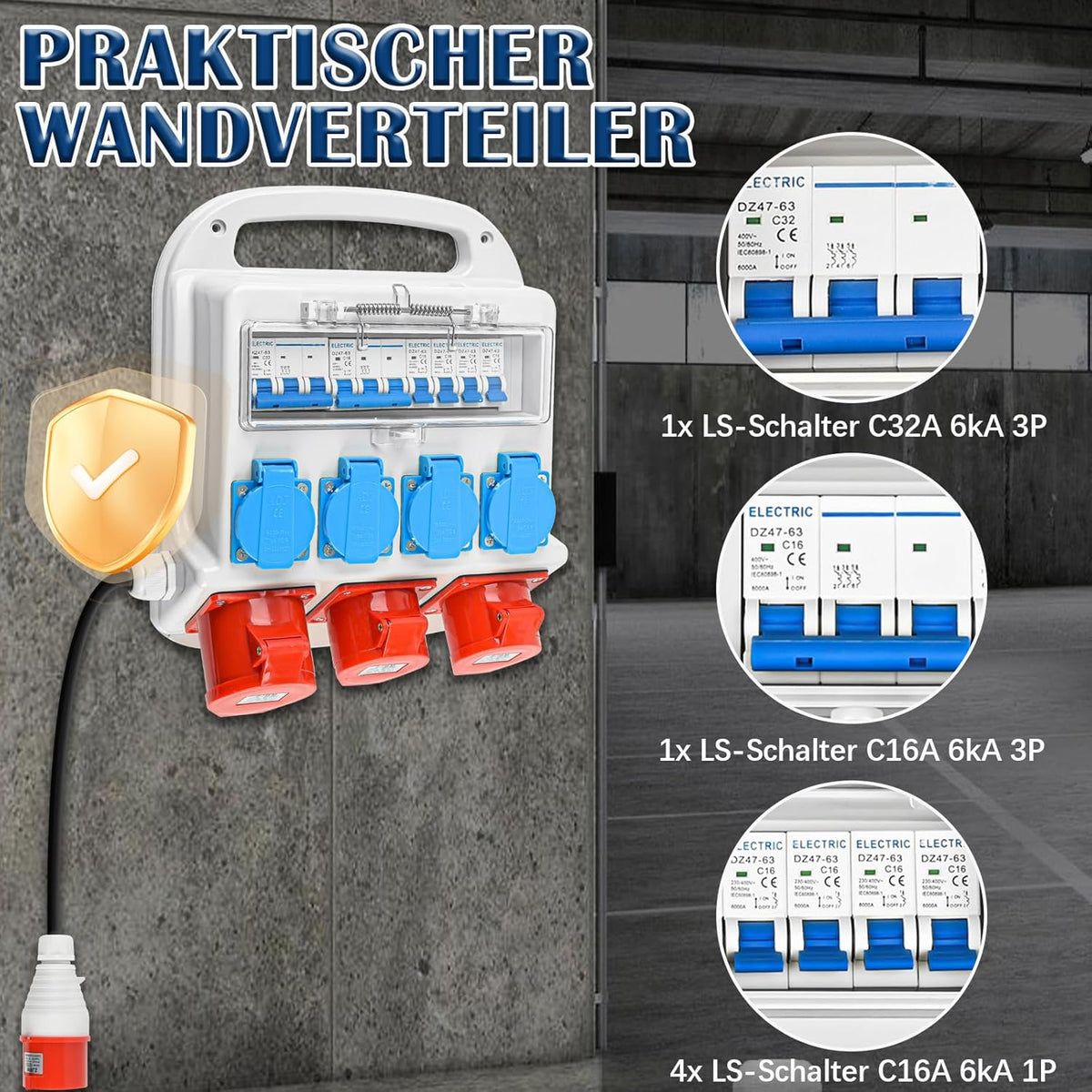 Wandverteiler Vorverkabelt Stromverteiler, 4x 230V Schuko Steckdosen + 2x CEE 16A + 1x CEE 32A, Baustromverteiler mit Leitungsschutzschalter, IP67 Wasserdicht Gehäuse für Innen und Außen