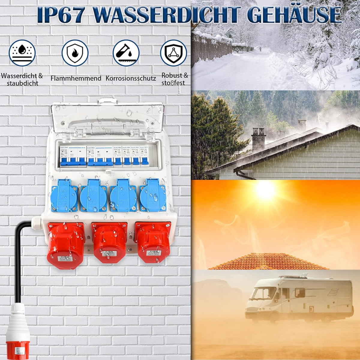 Wandverteiler Vorverkabelt Stromverteiler, 4x 230V Schuko Steckdosen + 2x CEE 16A + 1x CEE 32A, Baustromverteiler mit Leitungsschutzschalter, IP67 Wasserdicht Gehäuse für Innen und Außen