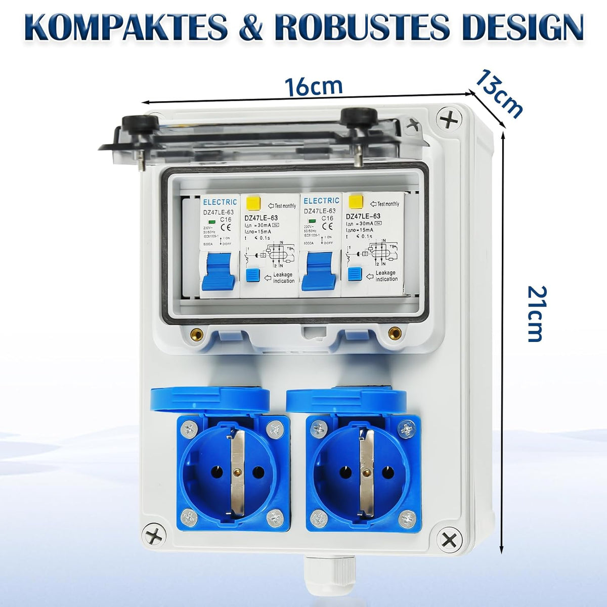 Baustromverteiler Vorverkabelt Stromverteiler, 2x 230V Schuko Steckdosen, Wandverteiler mit 2x FI-Schalter 16A, IP67 Wasserdicht Gehäuse für Innen und Außen