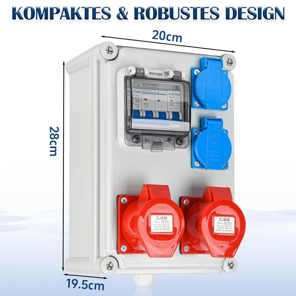 Wandverteiler Vorverkabelt Stromverteiler, 2x 230V Schuko Steckdosen + 2x CEE 16A 380V, Baustromverteiler mit Leitungsschutzschalter, IP67 Wasserdicht Gehäuse für Innen und Außen
