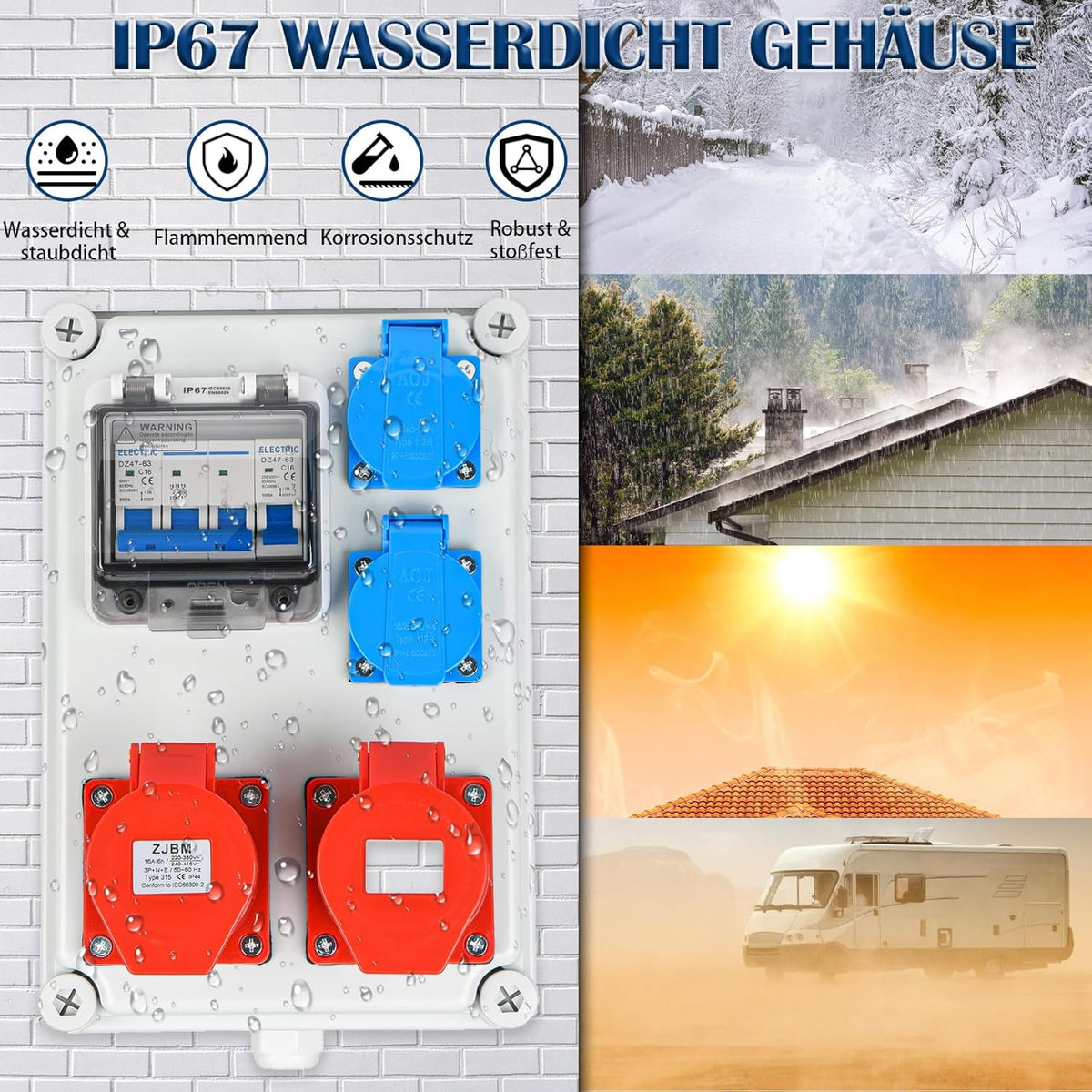 Wandverteiler Vorverkabelt Stromverteiler, 2x 230V Schuko Steckdosen + 2x CEE 16A 380V, Baustromverteiler mit Leitungsschutzschalter, IP67 Wasserdicht Gehäuse für Innen und Außen