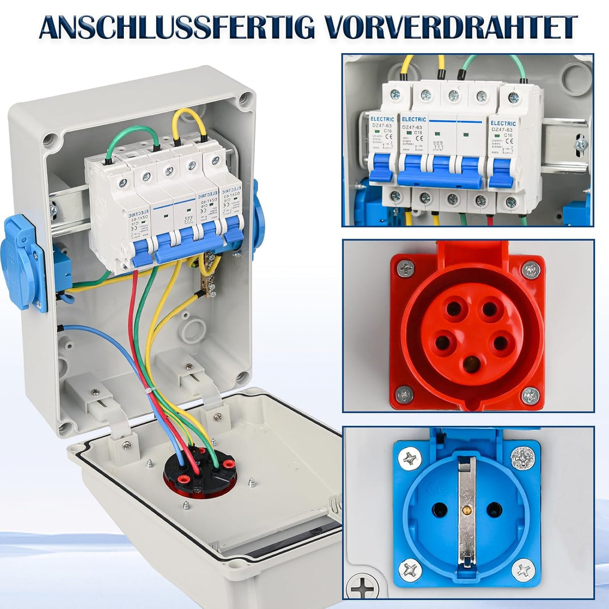 Wandverteiler Vorverkabelt Stromverteiler, 2x 230V Schuko Steckdosen + 1x CEE 16A 380V, Baustromverteiler mit Leitungsschutzschalter, IP67 Wasserdicht Gehäuse für Innen und Außen