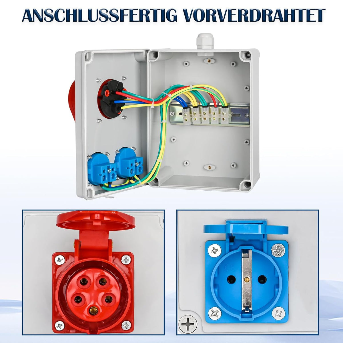 Wandverteiler Baustromverteiler Vorverkabelt Stromverteiler, 2x 16A 230V Schuko Steckdosen + 1x CEE 16A 380V, IP67 Wasserdicht Gehäuse für Innen und Außen