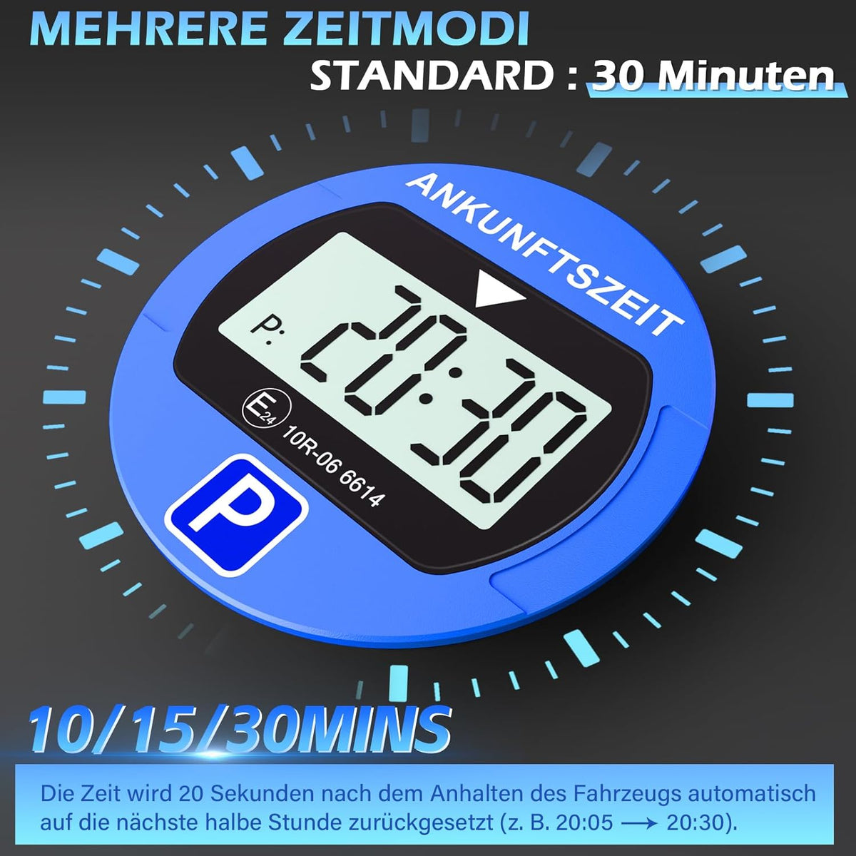 Elektronische Parkscheibe mit Zulassung vom KBA, Automatische Digitale Parkscheibe Elektrisch mit Batterie, Elektrische Parkuhr Auto mit 2 Displays & Nachtparkmodus & Vielseitig