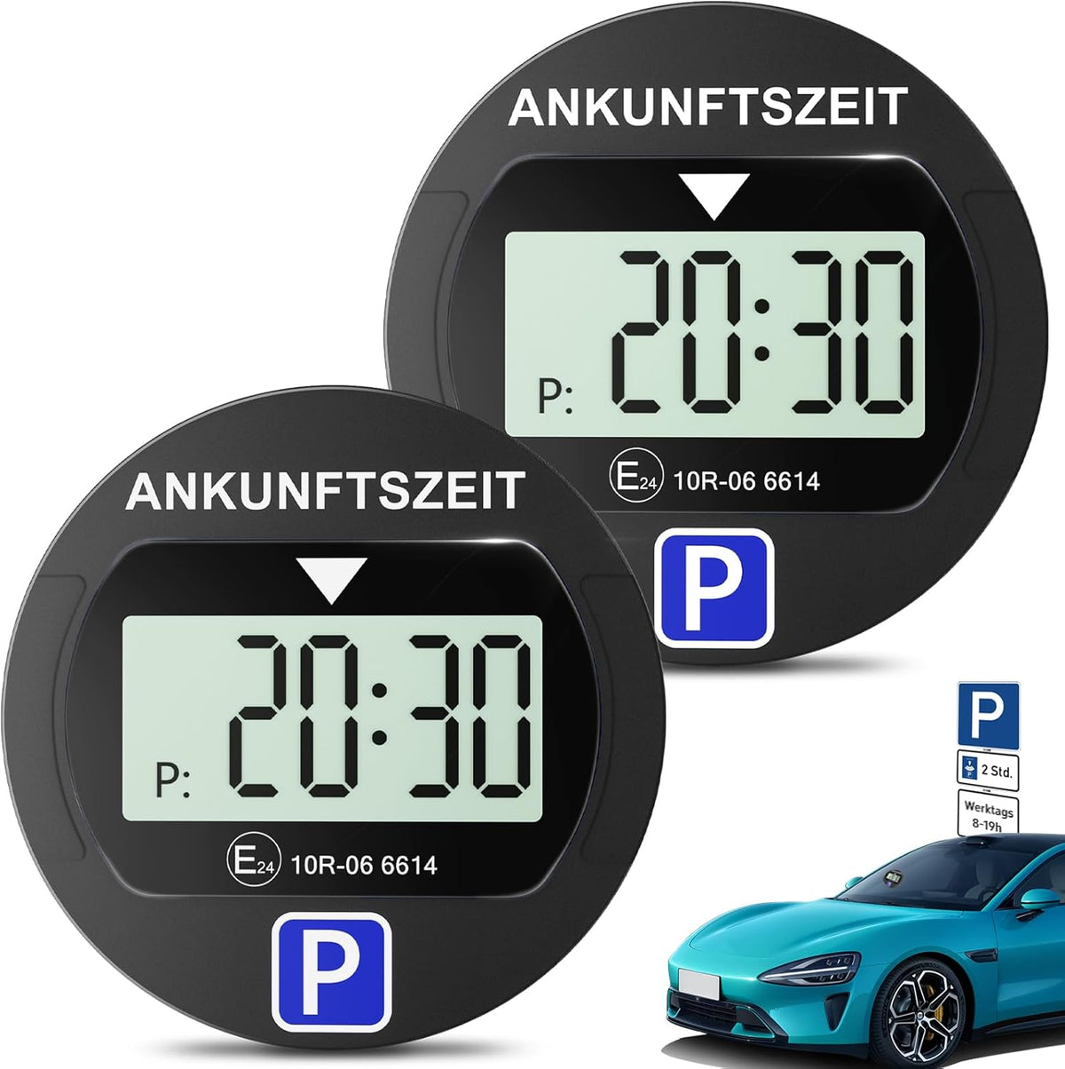 2 Stück Elektronische Parkscheibe mit Zulassung vom KBA, Automatische Digitale Parkscheibe Elektrisch mit Batterie, Elektrische Parkuhr Auto mit 2 Displays & Nachtparkmodus & Vielseitig