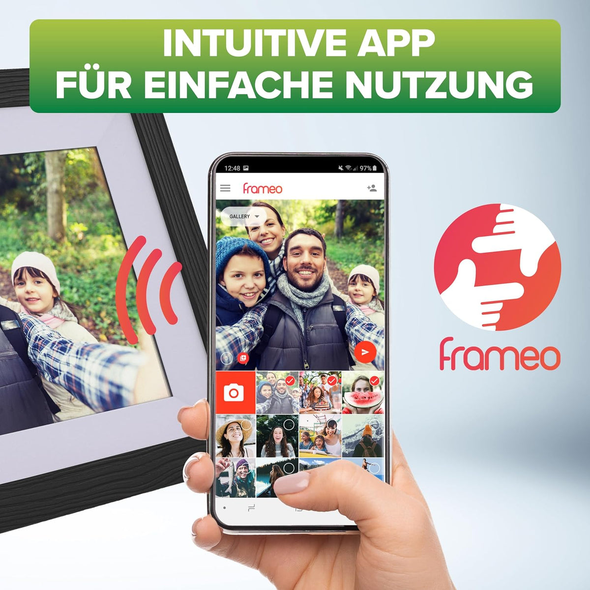 Digitaler Bilderrahmen, WiFRAME 2, FRAMEO, inkl. 3 Wechselrahmen, Walnussholz, WiFi, 10,1 Zoll mit Touch-Funktion, 1920x1200, 16GB Speicher, Teilen Sie Ihre Momente sofort von überall