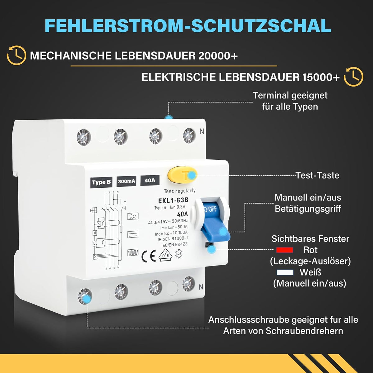 FI Schutzschalter Typ B 40A 30mA 4 Polig, VDE Zertifizierung Fehlerstromschutzschalter RCD Allstromsensitiver Schalter Automat Sicherun für Wallboxen Ladestationen, DIN Hutschiene Montage