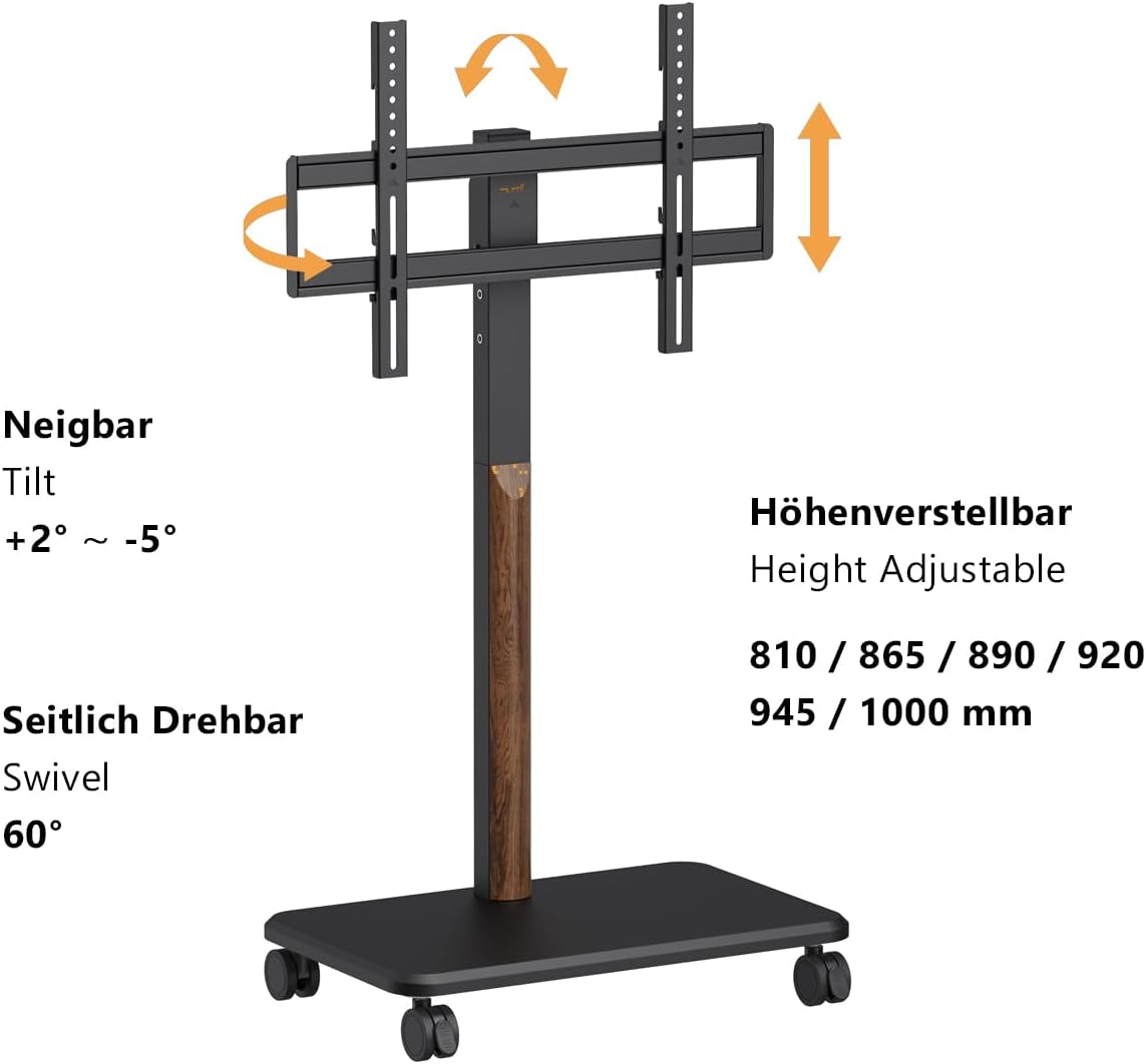 My Wall Rollbarer TV Ständer - HP126L, 32–85 Zoll, Höhenverstellbarer Fernsehständer mit Walnuss Holzoptik, neigbar & drehbar, TV Standfuß mit feststellbaren Rollen & Kabelkanal