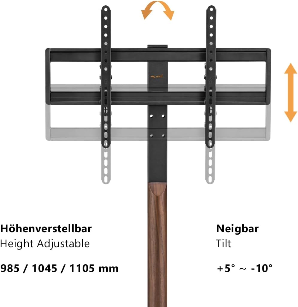 My Wall TV Ständer höhenverstellbar - HP125L, mit Walnuss-Holzoptik, moderner TV Standfuß für 32–75 Zoll Fernseher, neigbar +5°/-10°, stabile Bodenplatte, VESA 100x100–600x400