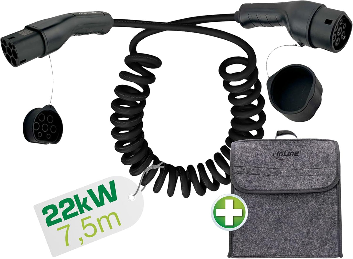 EV Spiral-Autoladekabel für Elektroauto, 7,5m, TYP2 EN 62196, inkl. Aufbewahrungstasche, 22KW MAX./11KW/7,4KW/3,7KW, 32A, 3-Phasig, kompatibel mit Modellen wie i3, iX, ID.4 und Anderen