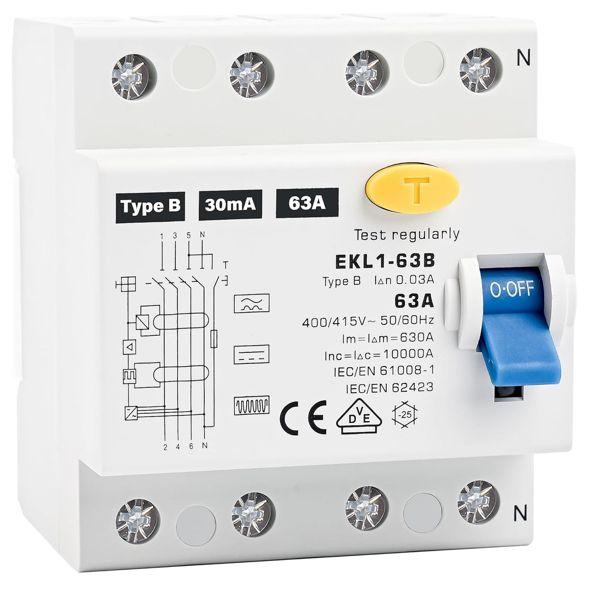 FI Schutzschalter Typ B 63A 30mA 4 Polig, VDE Zertifizierung Fehlerstromschutzschalter RCD Allstromsensitiver Schalter Automat Sicherung für Wallboxen Ladestationen, DIN Hutschiene Montage