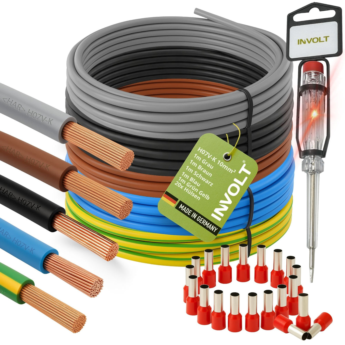 H07V-K 10 mm² Verdrahtungsleitung Set, 5x je 1m Einzelader Schwarz, Blau, Braun, Grau, Grün-Gelb + Zubehör