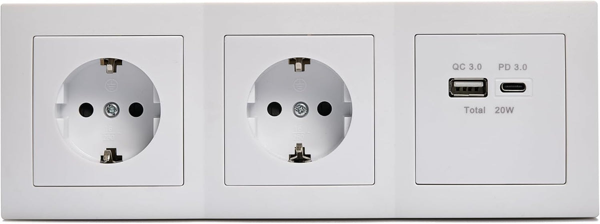 MC Power Steckdosenblock Unterbausteckdosen | Flair | Ecksteckdose 2-Fach Steckdose + USB-C/A, 15cm Kabel mit Lüsterklemme, 230V / 16A, Aufbau, weiß matt