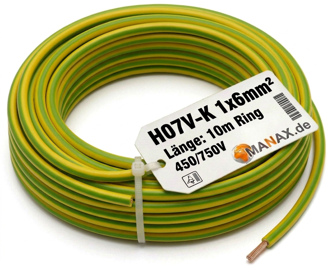 10m 6mm2 Erdungskabel H07V-K 1x6mm² Aderleitung flexibel Kupfer Litze Einzelader für PV Anlagen Solar Energieleitung Verdrahtungsleitung PVC Erdungsleitung feindrahtig grün-gelb
