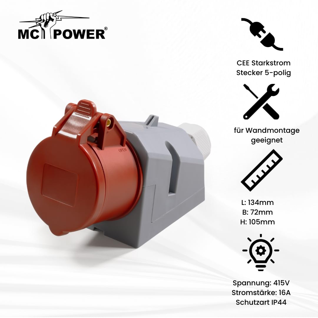 McPower CEE-Steckdose Wandmontage IP44 Kupplung | 415V, 16A Starkstrom Wandsteckdose | 5-polig für Wohnmobil Boot Aussenbereich Camping Caravan Industrie Handwerk