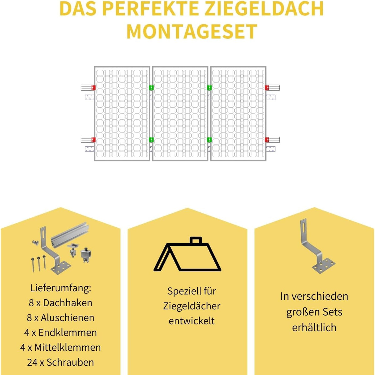 Solar Halterung Ziegeldach I Set für 3 PV Module 30-40mm I silber / schwarz I Solarmodul Halterung Balkonkraftwerk I Solarmodulbefestigungsset für Ziegeldächer aus Edelstahl