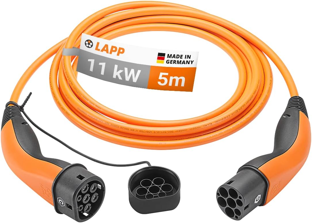 LAPP MOBILITY Typ 2 Ladekabel 11 KW 5m - 20A Ladekabel E Auto 3-Phasig - IP55 geschütztes Ladekabel Mode 3 - Ladekabel Typ 2 mit korrosionsresistenten Steckkontakten - geeignet für PHEV, BEV & EV