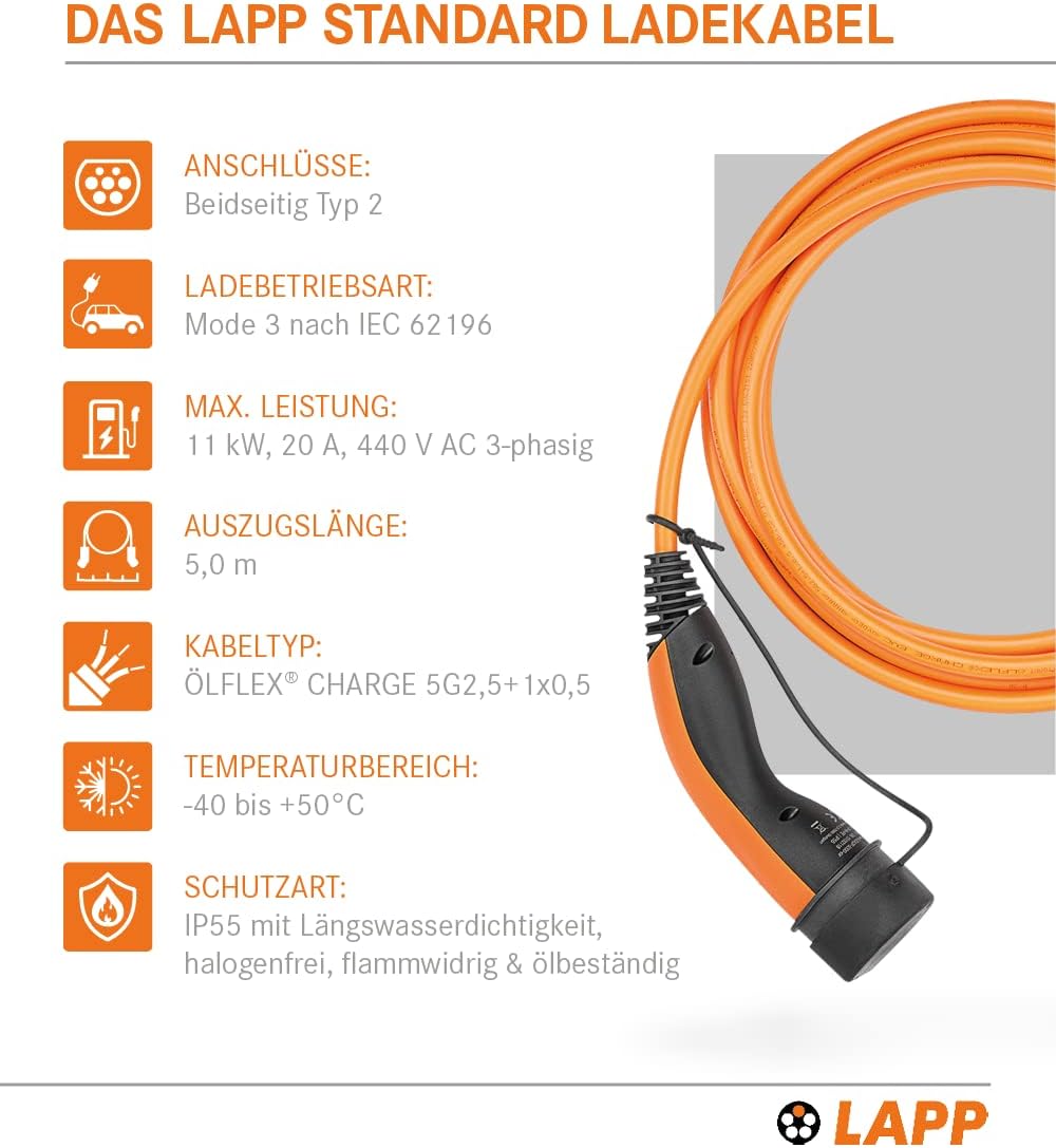 LAPP MOBILITY Typ 2 Ladekabel 11 KW 5m - 20A Ladekabel E Auto 3-Phasig - IP55 geschütztes Ladekabel Mode 3 - Ladekabel Typ 2 mit korrosionsresistenten Steckkontakten - geeignet für PHEV, BEV & EV