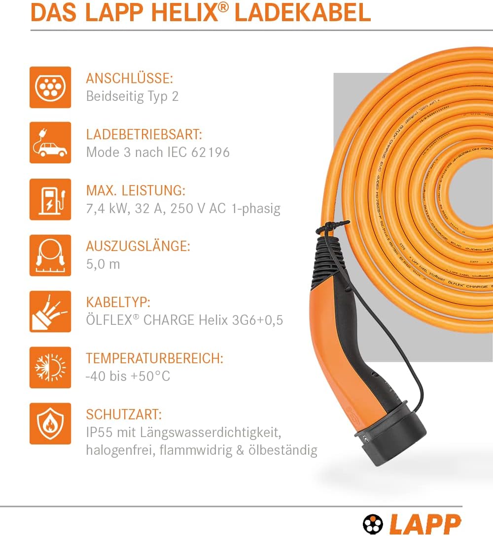 Lapp Mobility Helix Typ 2 Ladekabel 7,4 kW / 5m / Selbstaufrollend / 32 A / 1-Phasig / E-Auto Ladekabel / Mode 3 / Orange