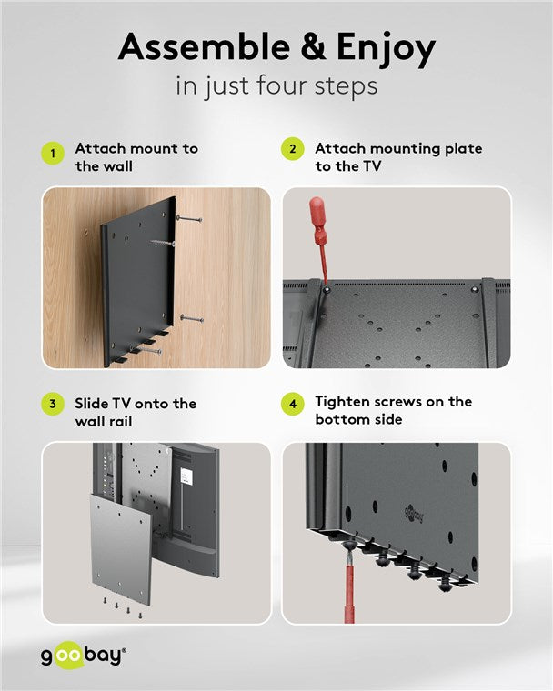 goobay Flache Universal TV Wandhalterung / Halterung für Monitor / max. 30kg / 18mm Wandabstand / 13-27 Zoll Monitore/bis VESA 100x100mm geeignet / für Wohnmobile, Wandhalterung Fernseher