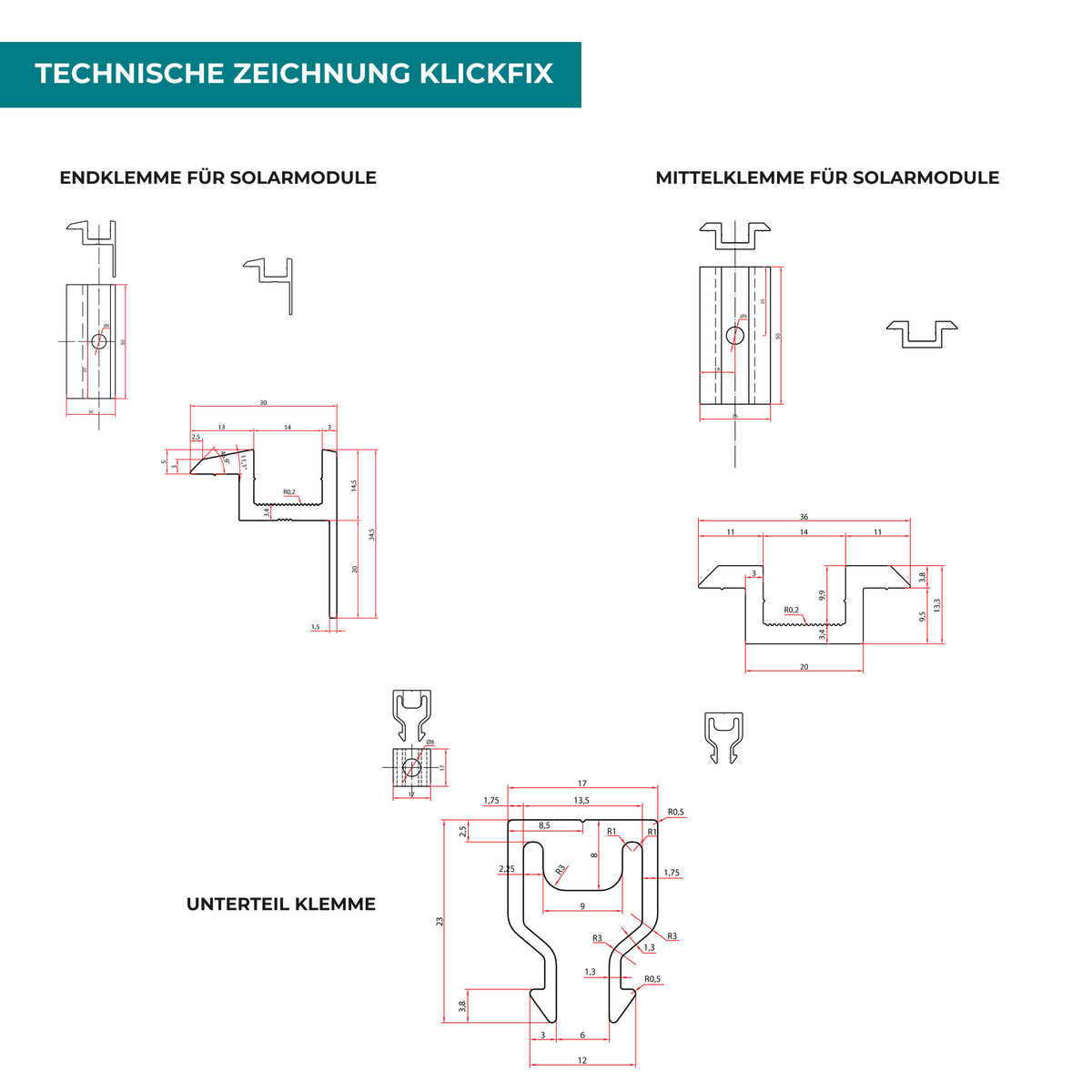 Mittelklemme Klickfix Solar Modul Befestigung Halterung PV Montage schwarz