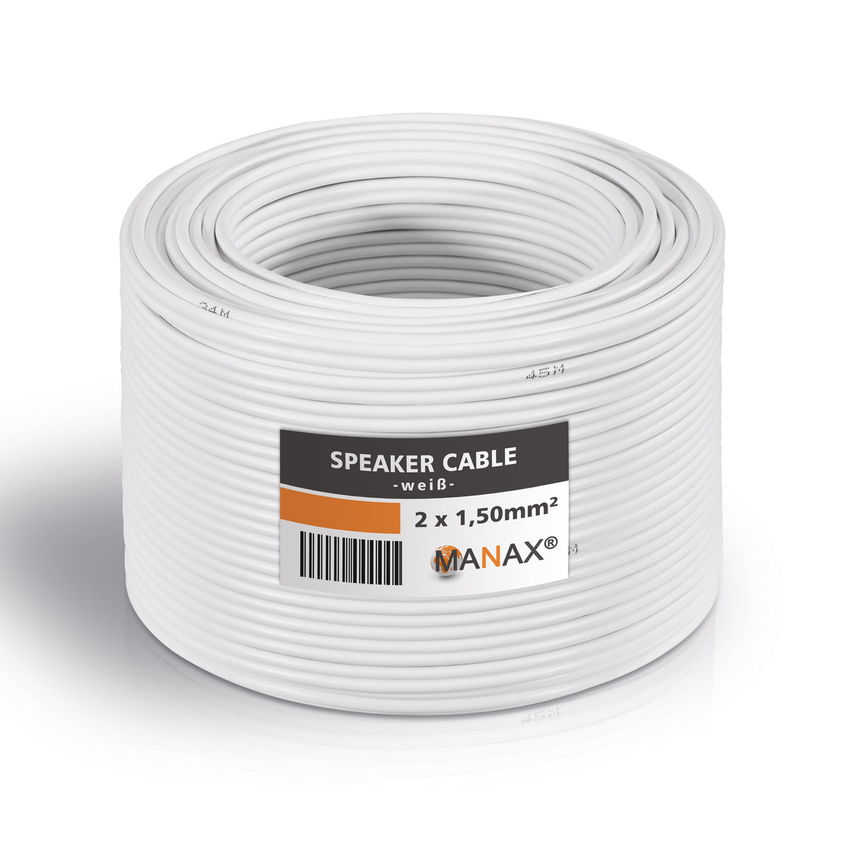 MANAX Lautsprecherkabel weiß 2x 1,50mm² – 50 Meter Ring | CCA-Kupfer Boxenkabel für klaren Sound bei HiFi, Heimkino und Car-HiFi mit Polaritätskennzeichnung