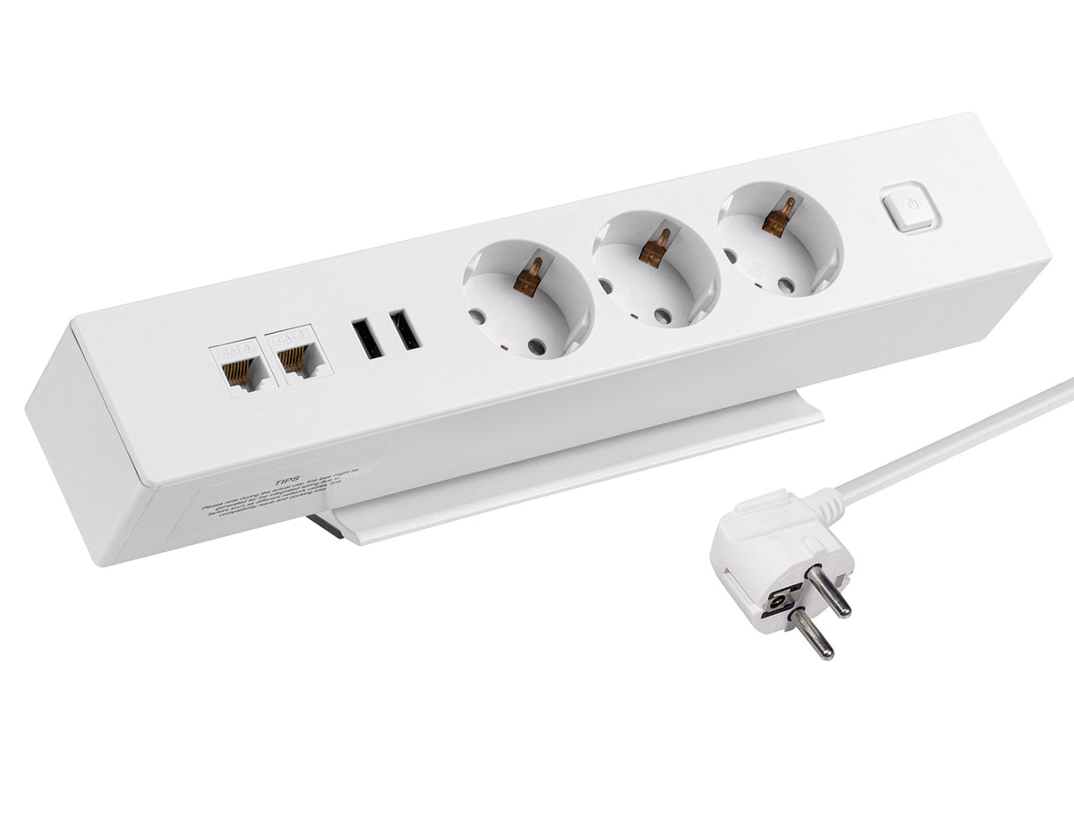 Tischsteckdose NV63L 3-Fach Schutzkontakt mit 2X USB und 2X LAN Anschluss, Mehrfachsteckdose für Zuhause mit Tischbefestigung, Knopf zum EIN- und Ausschalten, Steckdosenleiste mit 1,8m Kabel