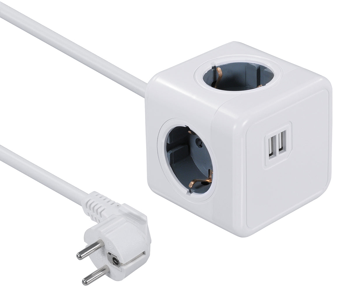 Steckdosenwürfel NV82L 4-Fach mit 2 USB, platzsparende Mehrfachsteckdose mit Halterung zur Montage, Steckdosenleiste mit USB Ladebuchsen, kompakt & vielseitig einsetzbar