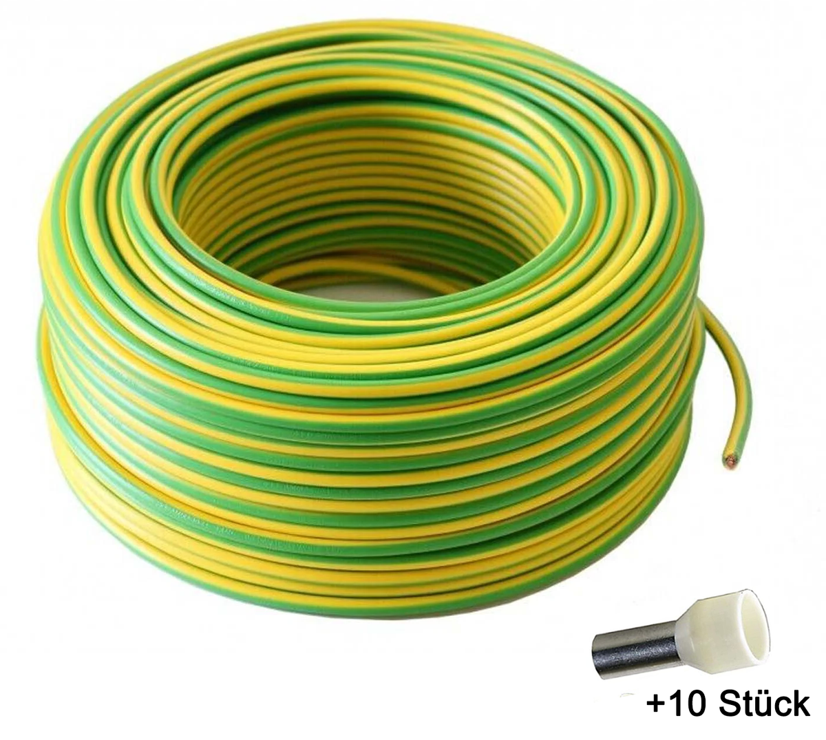 30m Erdungskabel 10mm2 H07V-K PVC grün-gelb flexible Aderleitung für PV-Anlagen inkl. 10 Aderendhülsen (10mm²x12mm)