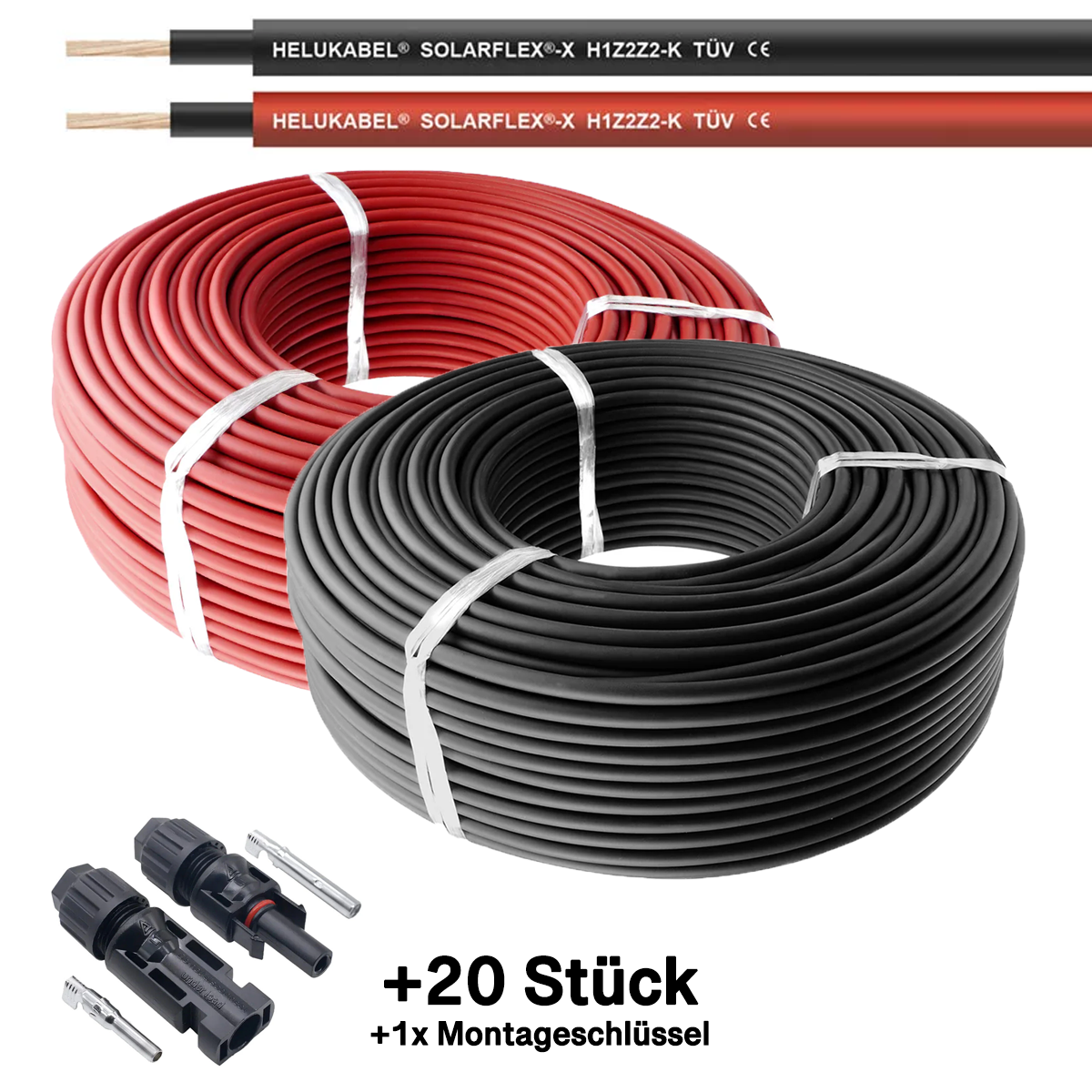 2er Pack rot + schwarz Solarkabel 4mm² - je 100m - UV-beständig, halogenfrei, flexibel ... inkl. 20x MC4 Solarstecker