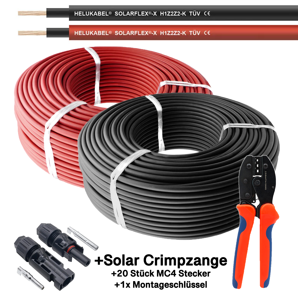 2er Pack rot + schwarz Solarkabel 6mm² - je 50m - UV-beständig, halogenfrei, flexibel ... inkl. Solar Crimpzange und 20x MC4 Solarstecker