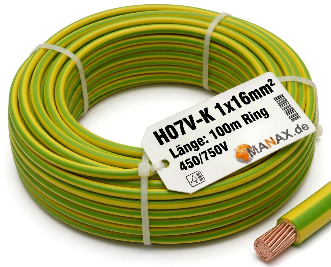 100m 16mm2 Erdungskabel H07V-K 1x16mm² Aderleitung flexibel Kupfer Litze Einzelader für PV Anlagen Solar Energieleitung Verdrahtungsleitung PVC Erdungsleitung feindrahtig grün-gelb