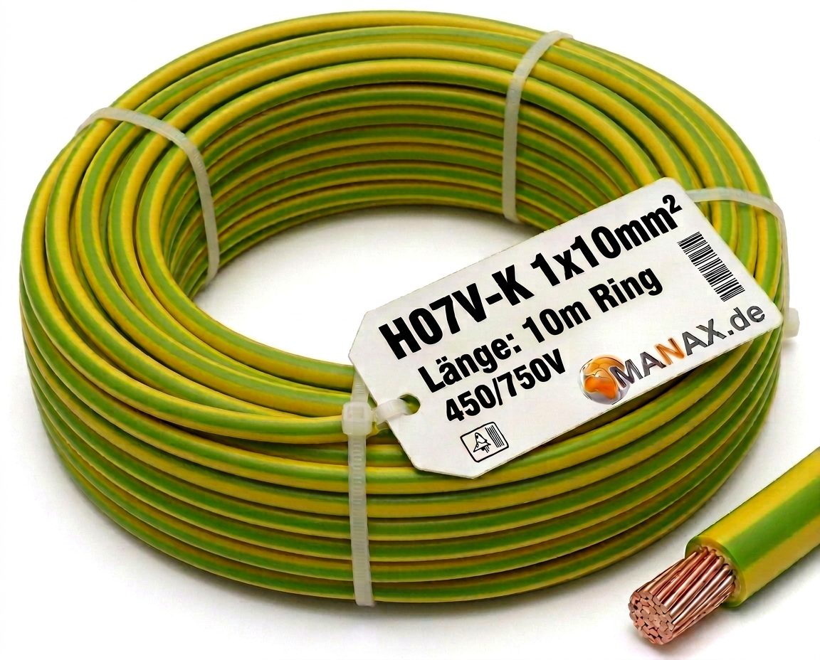 10m 10mm2 Erdungskabel H07V-K 1x10mm² Aderleitung flexibel Kupfer Litze Einzelader für PV Anlagen Solar Energieleitung Verdrahtungsleitung PVC Erdungsleitung feindrahtig grün-gelb