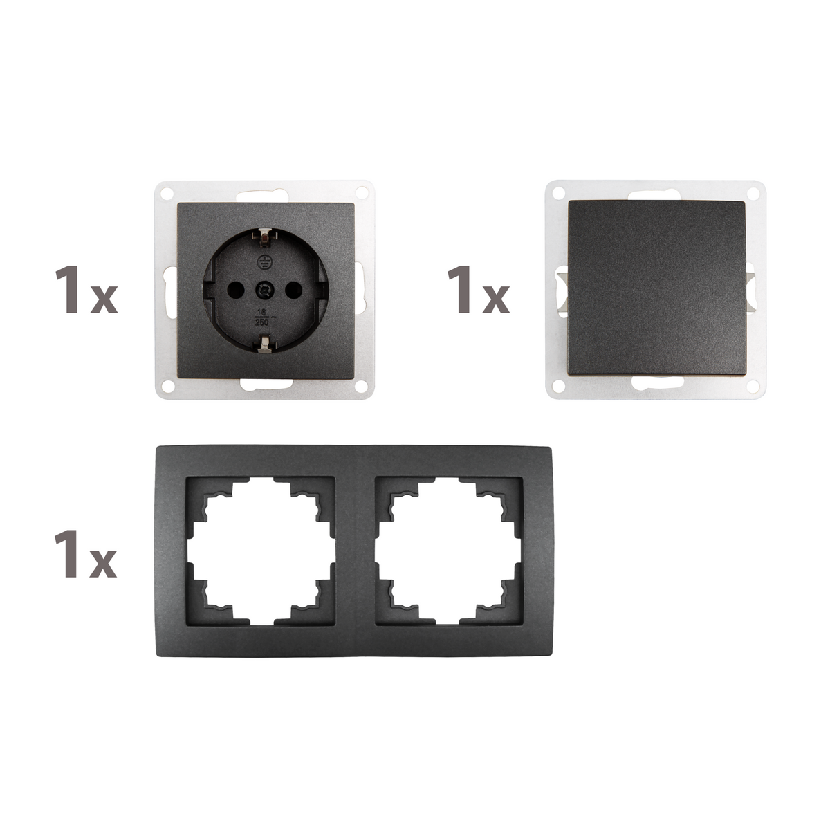 McPower Steckdosen Set | Flair | Tür 2-Fach Profi | 3-teilig, Wandsteckdose mit Lichtschalter, Klemmanschluss dunkelgrau anthrazit, matt