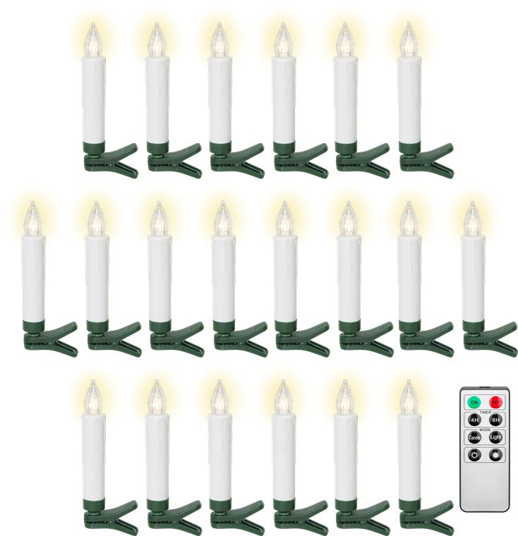 LED Weihnachtsbaumkerzen mit Klemmen, Fernbedienung und Timerfunktion, Christbaumkerzen, Baumkerzen, warmweiß (2600 K), dimmbar, 20er Set