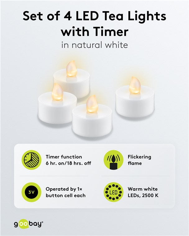 4er-Set LED-Teelichter mit Timerfunktion, warmweiß (2500 K), flackernde Flamme, Hochzeiten, Adventszeit oder Dinnerdeko, batteriebetrieben, weiß, inklusive 4x CR2032-Knopfzellen