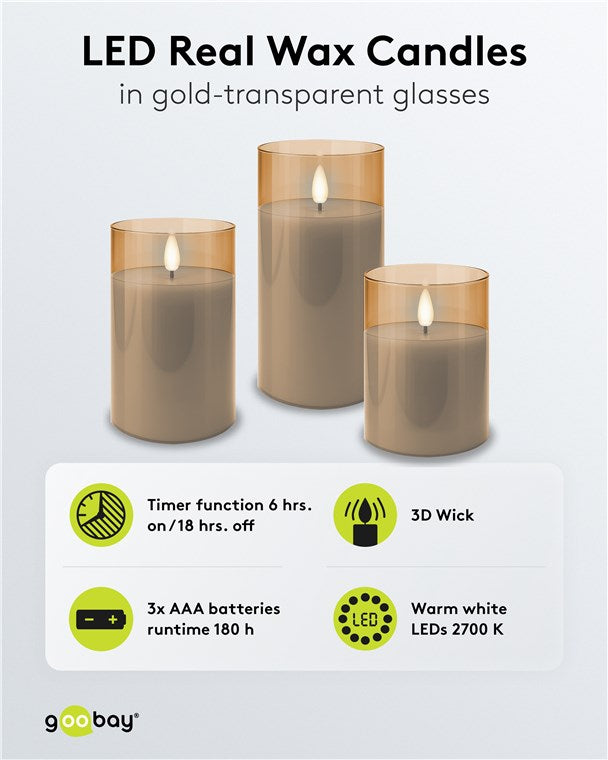3er-Set LED Kerzen mit Timerfunktion - Echtwachs Im Glas, Gold-Transparent, 3D-Docht, batteriebetrieben, warmweiß - Stilvolle LED Kerze für sichere Deko im Wohnzimmer oder Esszimmer