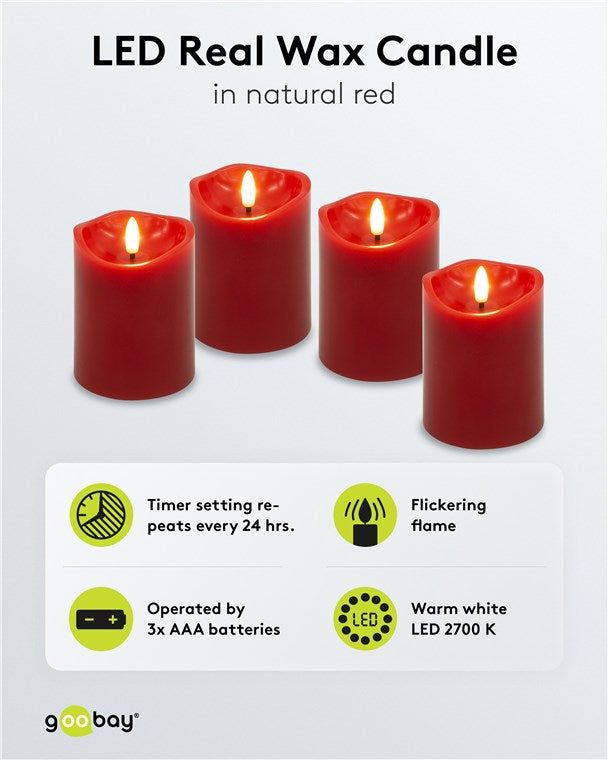 Lichterkerzen mit Timerfunktion 4er Set in Rot mit 3D Docht & Batteriebetrieben, elegant für Wohnzimmer, Esszimmer und Advent