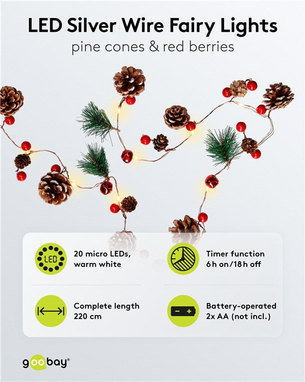 goobay 20er LED-Silberdraht-Lichterkette / Tannenzapfen & rote Beeren / Lichterkette mit Timerfunktion / Warmweiß (3000 K) / Batteriebetrieben, Braun, Grün, Rot, Ziegelrot