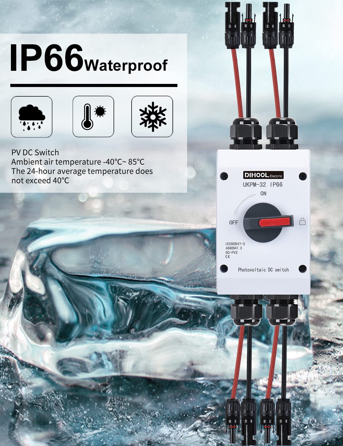 DC Trennschalter 2 Strings PV Anlage mit Generatoranschlusskasten Sicherungsautomat 32A IP66 Solar Trennschalter Anschlusskasten für Photovoltaik