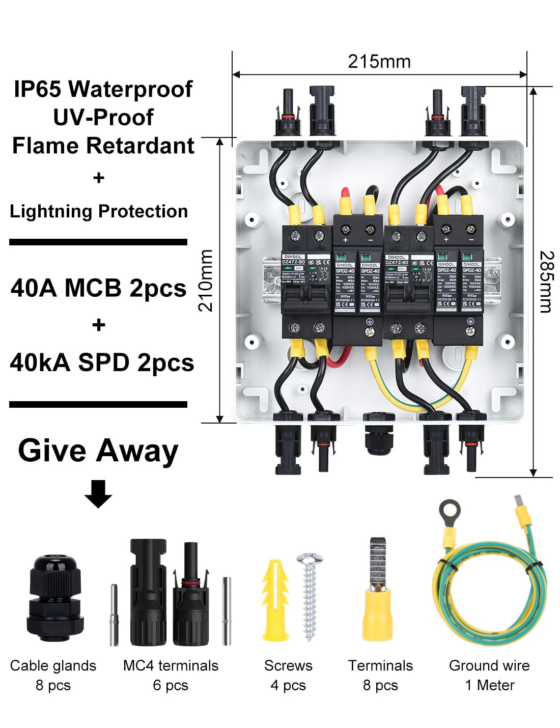 DC Überspannungsschutz PV Anlage 2 Strings Solar Anschlusskasten für 2 * 600W Solarmodule Balkonkraftwerk, 40A 1000V DC Trennschalter