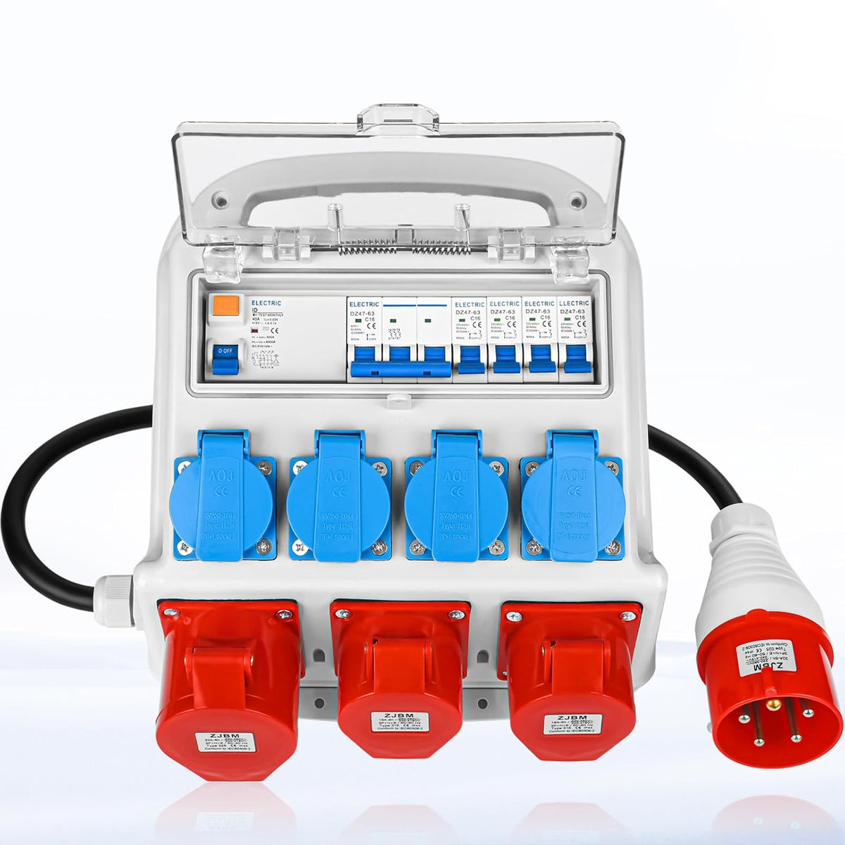 Wandverteiler Vorverkabelt Stromverteiler, 4x 230V Schuko Steckdosen + 2x CEE 16A + 1x CEE 32A, Baustromverteiler mit FI-Schalter und LS Schalter, IP67 Wasserdicht Gehäuse für Innen und Außen